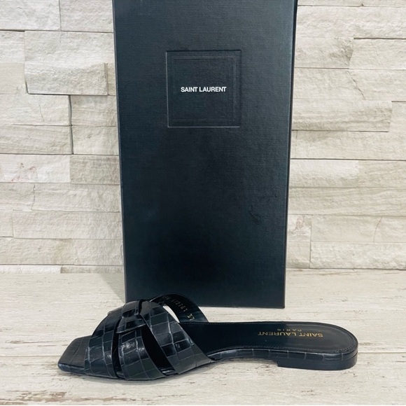 Saint Laurent Size 37 YSL Leather TRIBUTE Black Croc Embossed Flat Slide Sandals - Picture 6 of 13